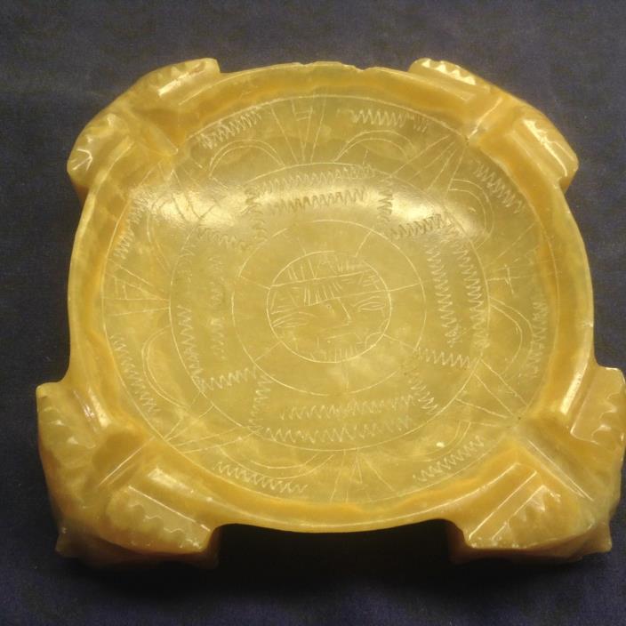Antique Vintage Carved Stone Ashtray Mayan Aztec Footed Alabaster Onyx?