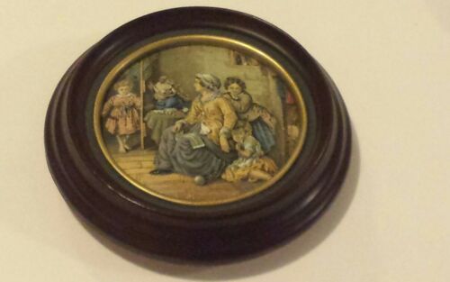 Antique hand painted Round Porcelain plaque Wood Frame mid. 19thC Napoleon III