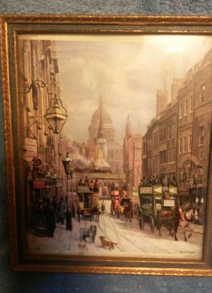 Antique David Shepherd print of city, horses, and people in brown frame