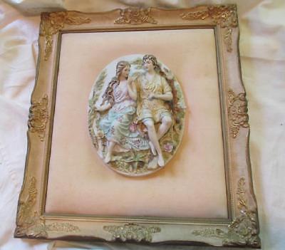 Beautiful Porcelin Placque, Oval with Bucolic Couple in high releif, Framed