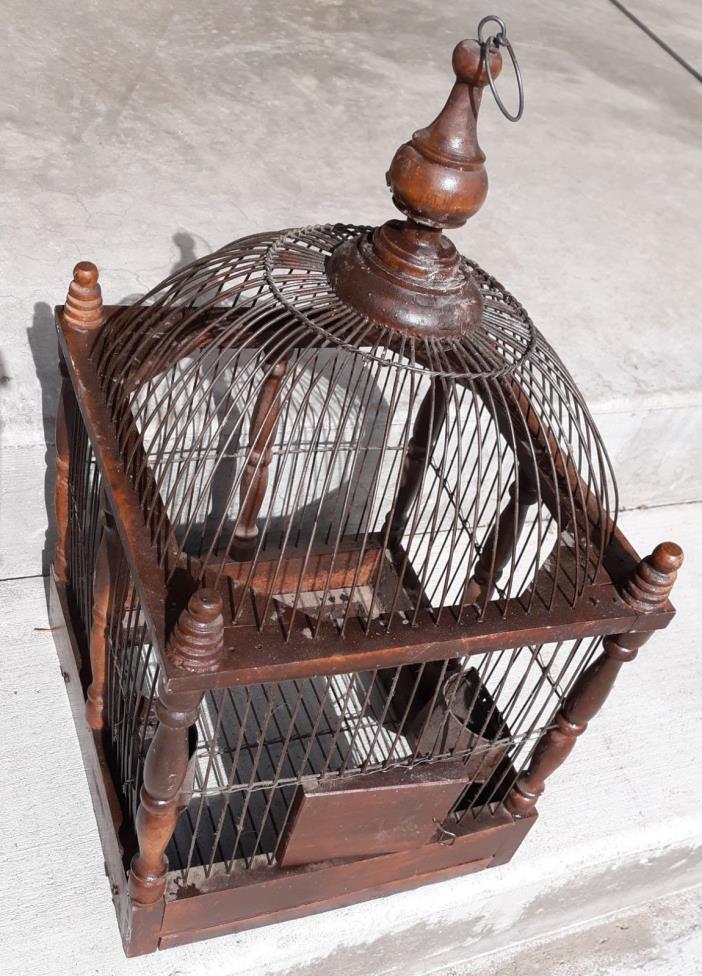 Antique Wooden Bird Cage with metal wires & food trays vintage Victorian art