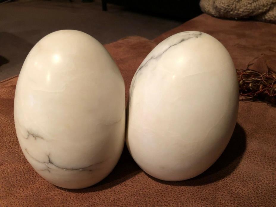 Vintage Italian Alabaster Marble Veined Egg Shaped Bookends