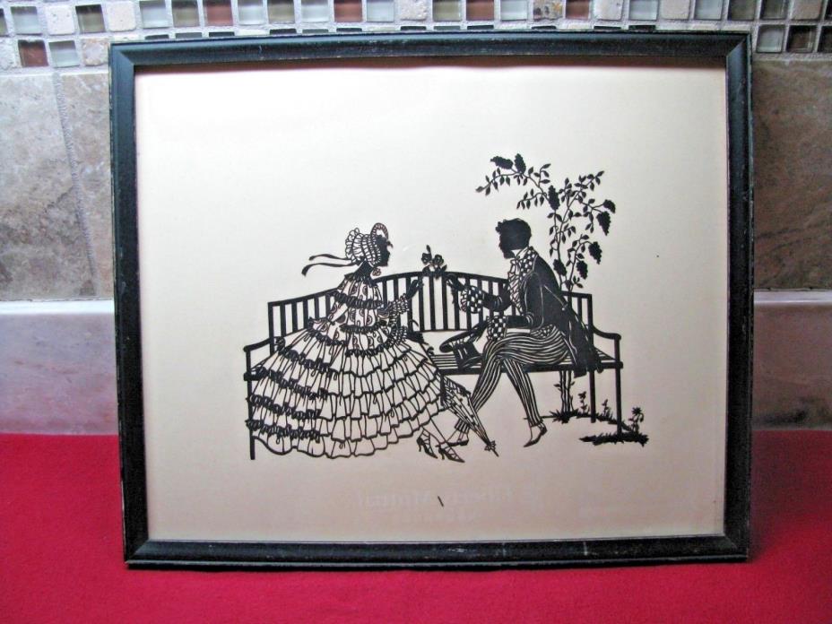 ANTIQUE SILHOUETTE FRAMED PICTURE-VERY INTRICATE-SOUTHERN MAIDEN & MAN ON BENCH