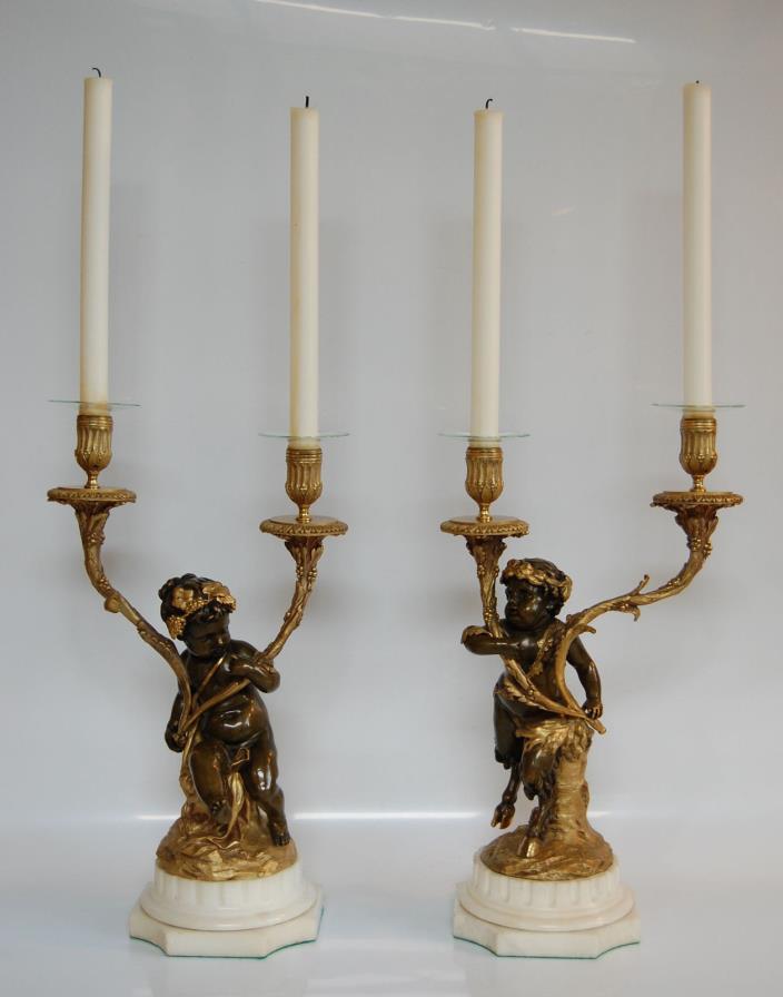 Pair of Gilt and Patinated Bronze & Marble Two-Light Candelabra, Signed Clodion