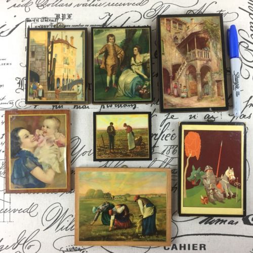 Lot of 7 Vintage Mini Miniature Reproduction Art Prints Wooden Plaques Hanging