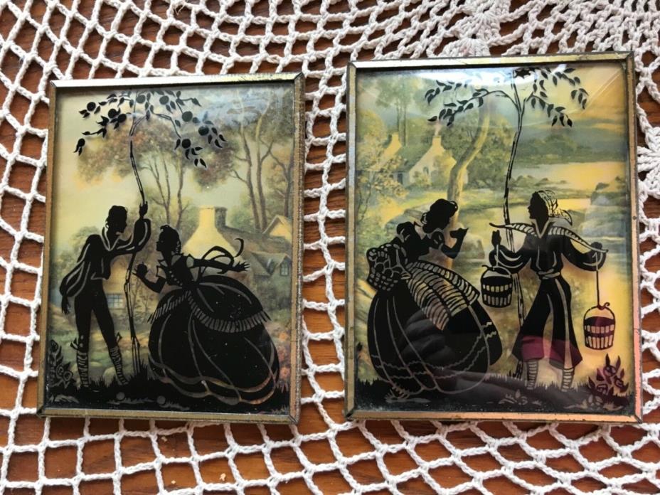 TWO ANTIQUE SILHOUETTE /SHADOW PICTURES LOVE COUPLES ON  BUBBLE GLASS 3.5 x 4.5