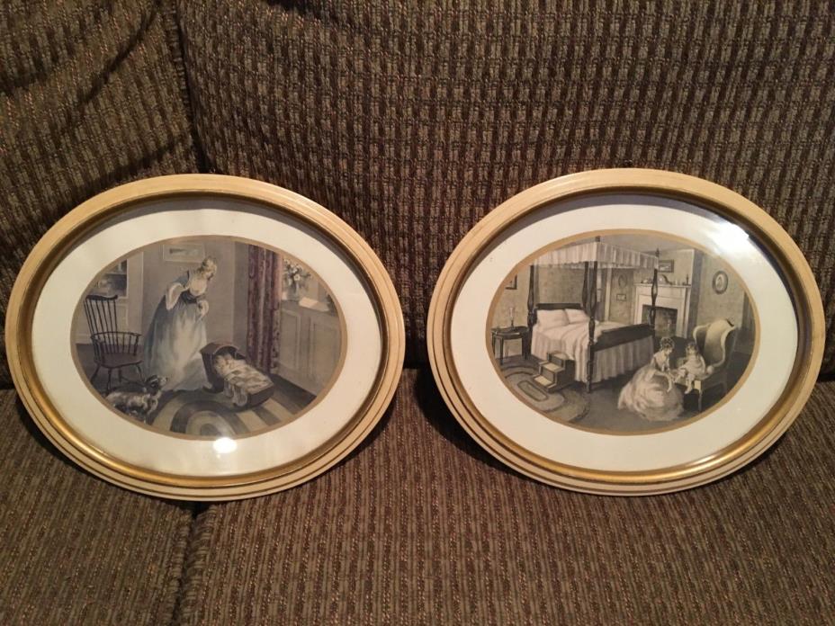 OLD PRINTS - OVAL FRAMES / MOTHER WITH CHILD- BABY-DOG / VICTORIAN / ART NOUVEAU