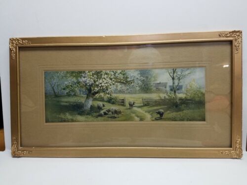 Antique Picture 1908 A. Fox Phila. Sheep Pasture Dirt Road Blossoming Tree Farm