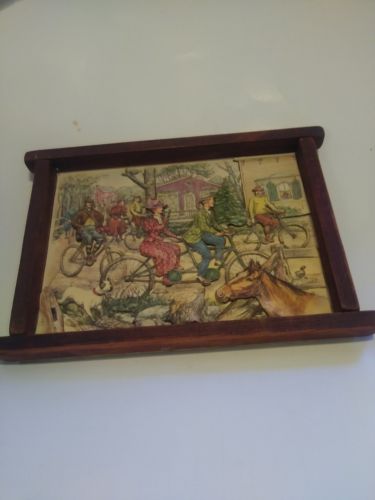 RARE Vintage Bicycle Riders 3D Paper Cutout Framed Artwork Pictures