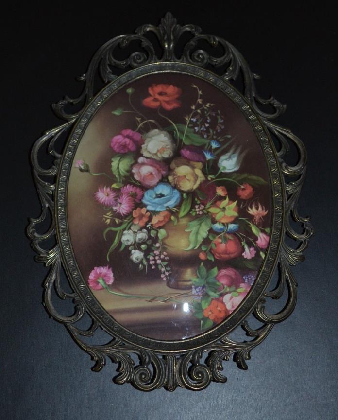 Vintage Made Italy Ornate Oval Picture Frame with Floweres