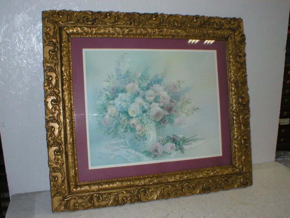 Vintage Ornate Gold Wood Gesso Picture Frame Lena Liu Rose Fairies Lithograph