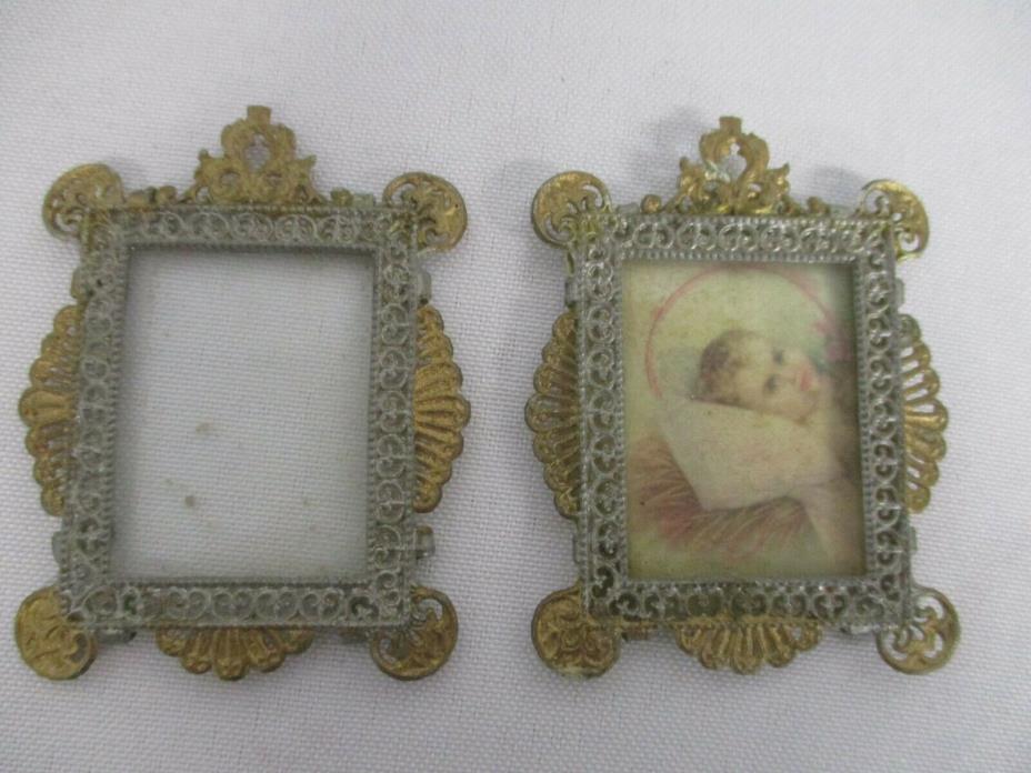 ANTIQUE MADE IN ITALY PIERCED LEAD MINIATURE PICTURE FRAME with BABY PRINT