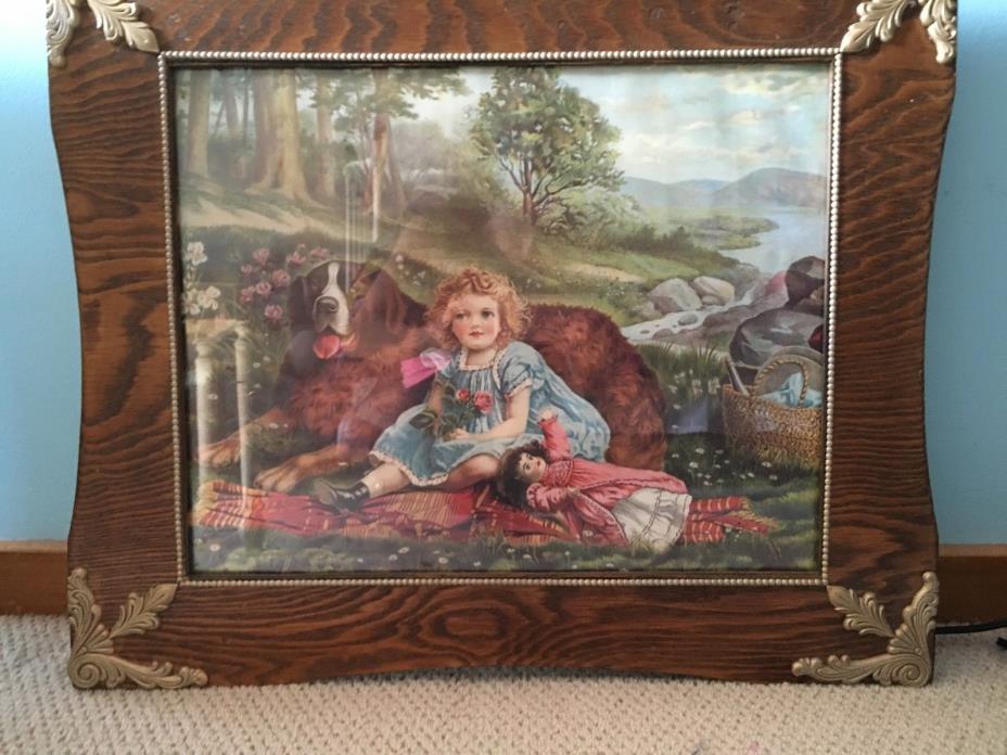 Antique Craftsman Gesso and Wood Framed Girl with Dog Print 25