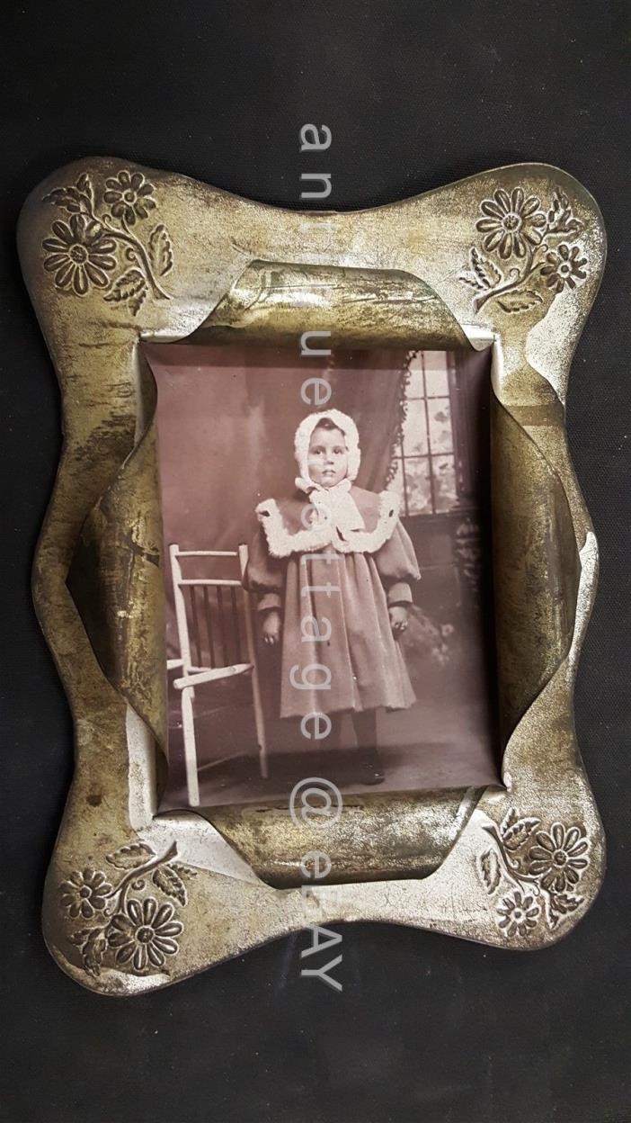 1800s antique REPOUSSE TIN CABINET CARD FRAME aafa WEST CHESTER PA PHOTO child