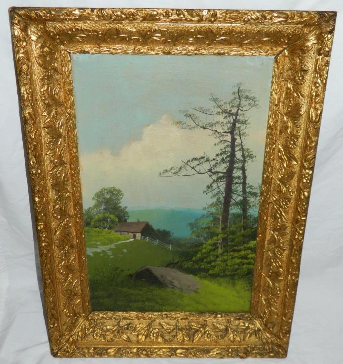 Antique 1890s LANDSCAPE Oil Painting on Canvas LEMON Gilt Gesso Frame NICE!