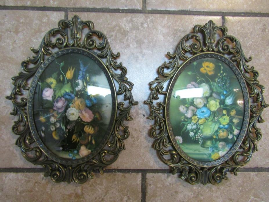 Vintage Pair of Large Ornate Metal Frame Pictures Oval Convex Bubble Glass Italy
