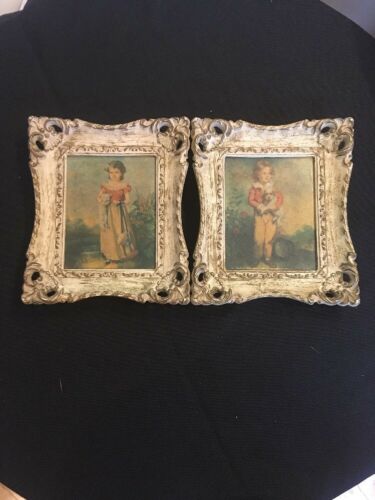 Vintage 1940s Children With Pets Shabby Chic Print White Gold Frame