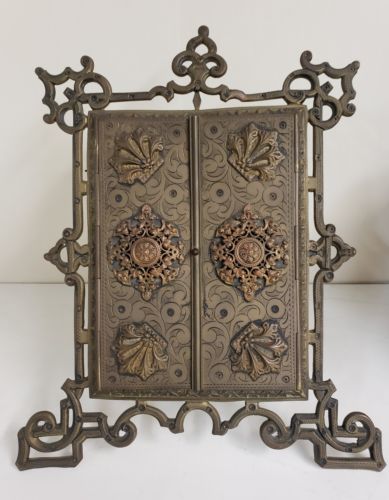 Antique Italian Bronze Folding Photo Frame with Stand Ornate Appliques