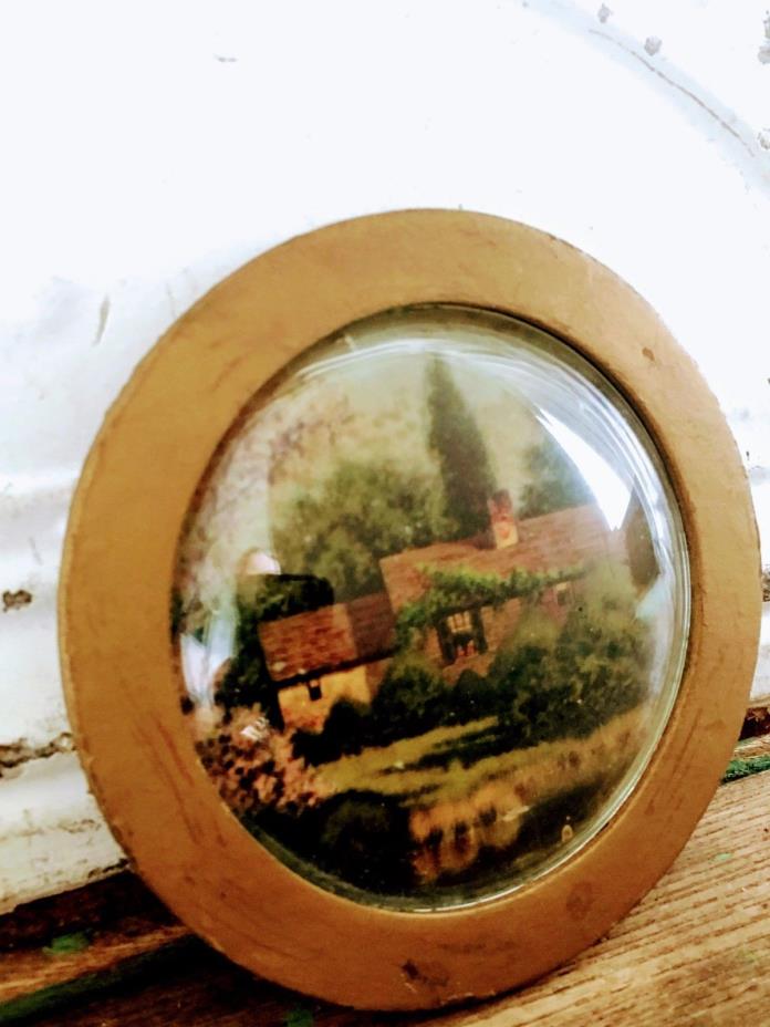 Antique Small Round Convex Glass Picture Cottage House Garden