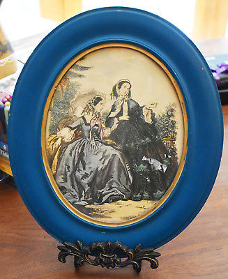 Antique Teal Blue Oval Painted Wood Frame 13