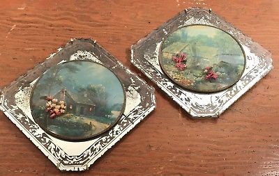 Antique Glass Frame Picture Print Mirror Cabin Convex Circle Scallop Cut Edge