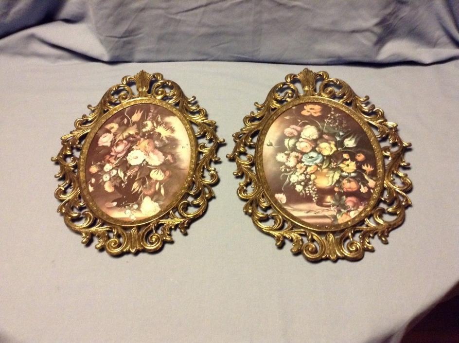 Pair Vintage Oval Convex Bubble Glass Floral Pictures Ornate Brass Metal Frames