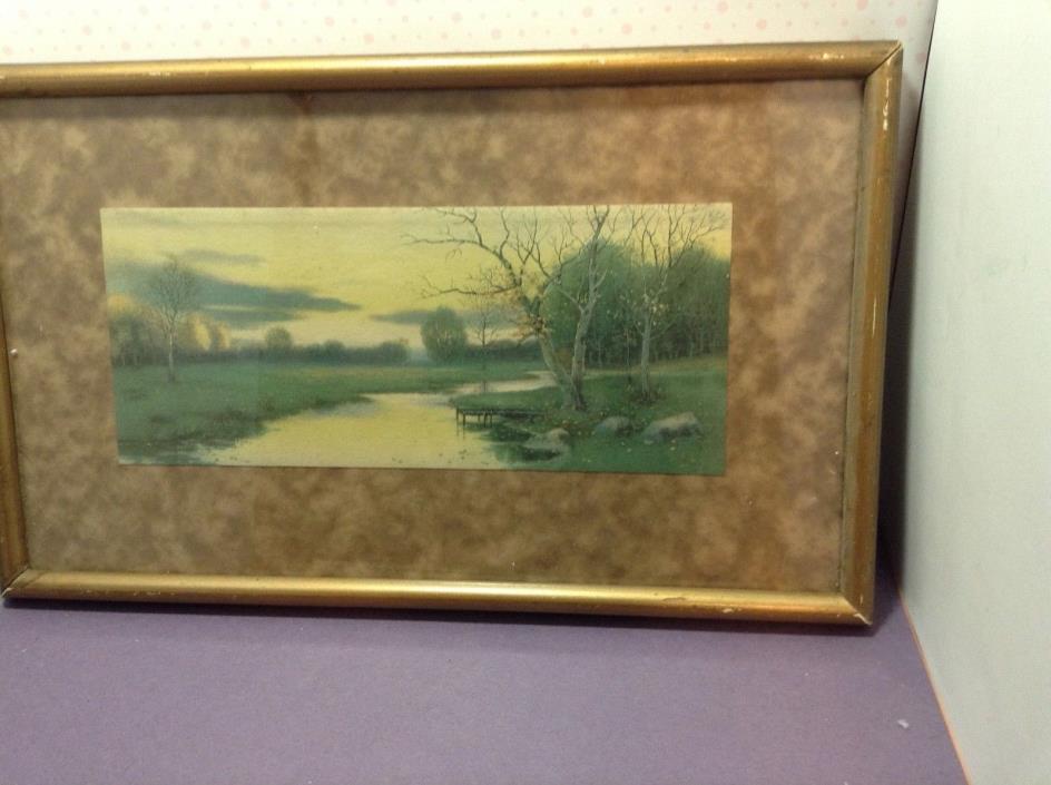 Vintage Gold colored Frame Print River Scene, cottage decor