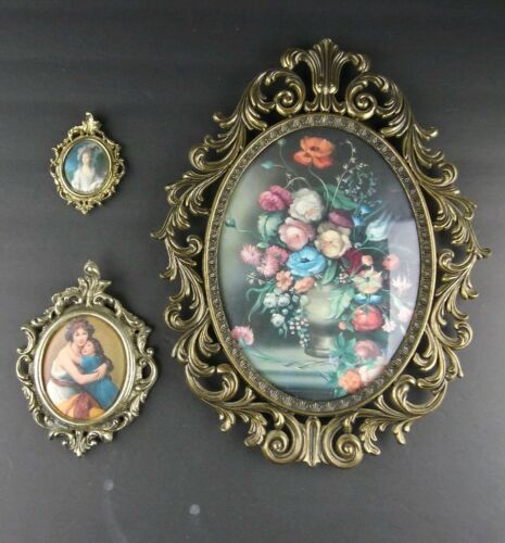 Vintage Scrolled Brass Italy Flowered Convex Ornate Picture Frames Oval Lot 3