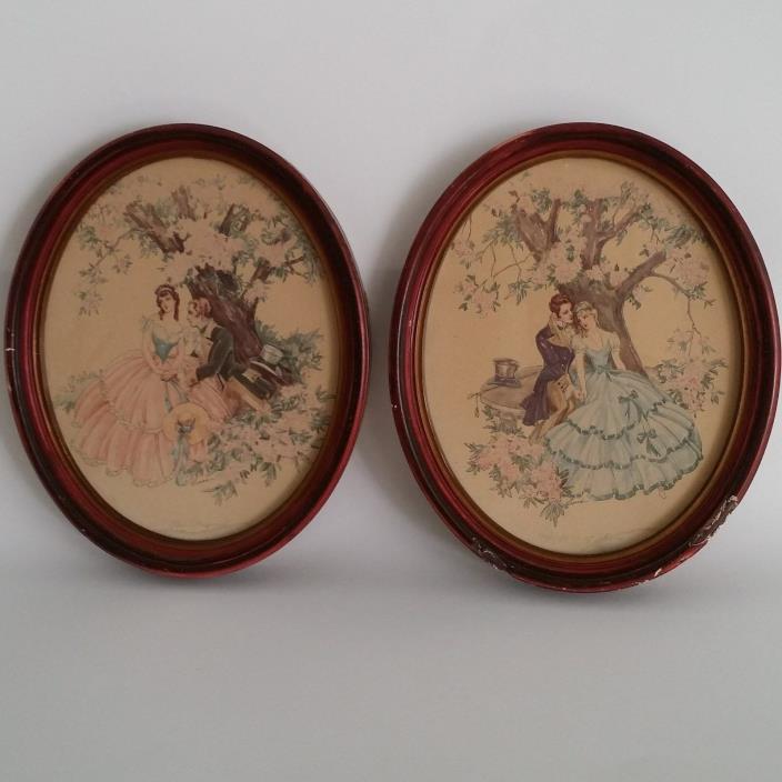 Old Love Scenes Courting Couple in Thick Antique Picture Frames Oval Glass 2 LOT