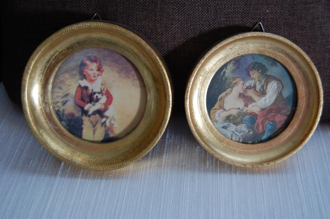 2 Vintage Victorian Gold Gilt Picture Frames Florentia Italy Love Scene Dog Boy