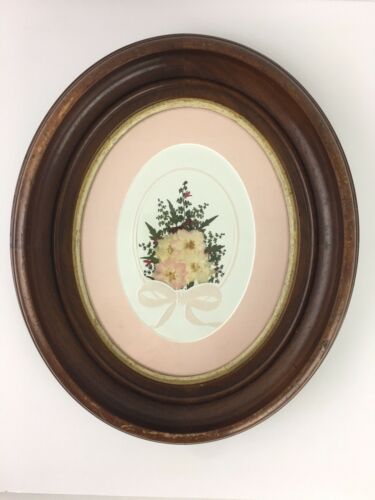 Antique Oval Walnut Wood Frame With Glass & Embossed Floral Print 13 X 11