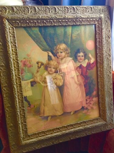 Large Ornate Antique Gesso Wood Picture Frame German Lithograph Print