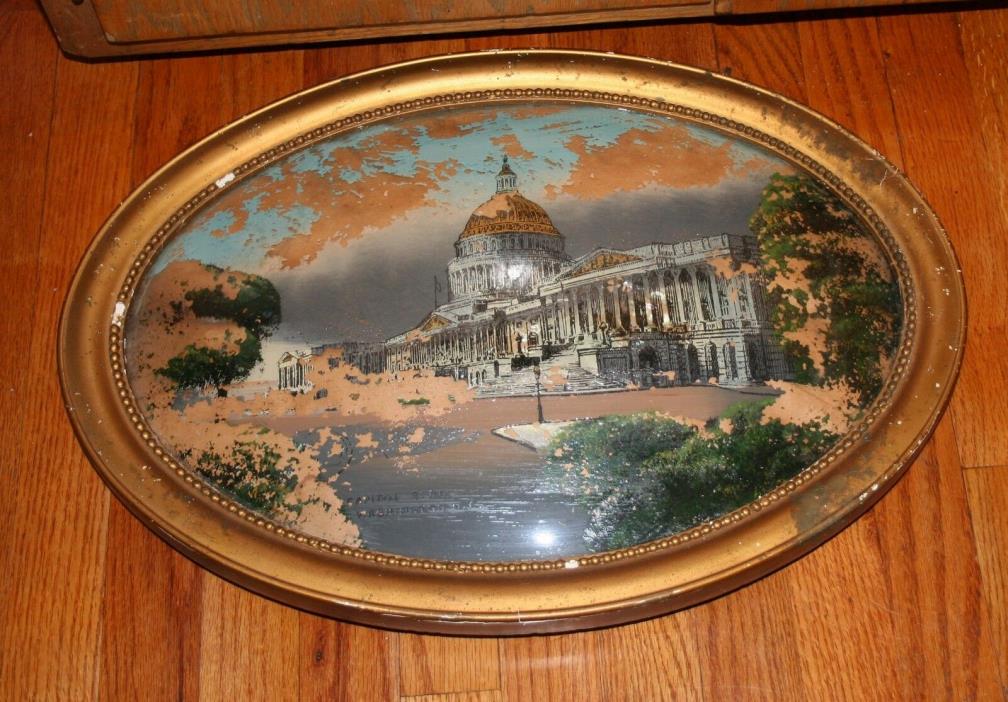 Antique Reverse Painting Convex Glass Frame 22x16 AS IS