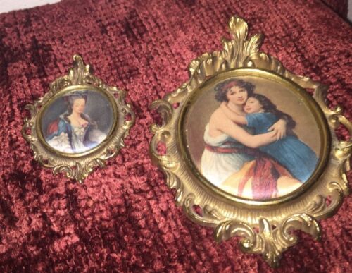 Two Small Vintage Gold-toned Framed Silk Satin Cloth Picture Wall Hanging