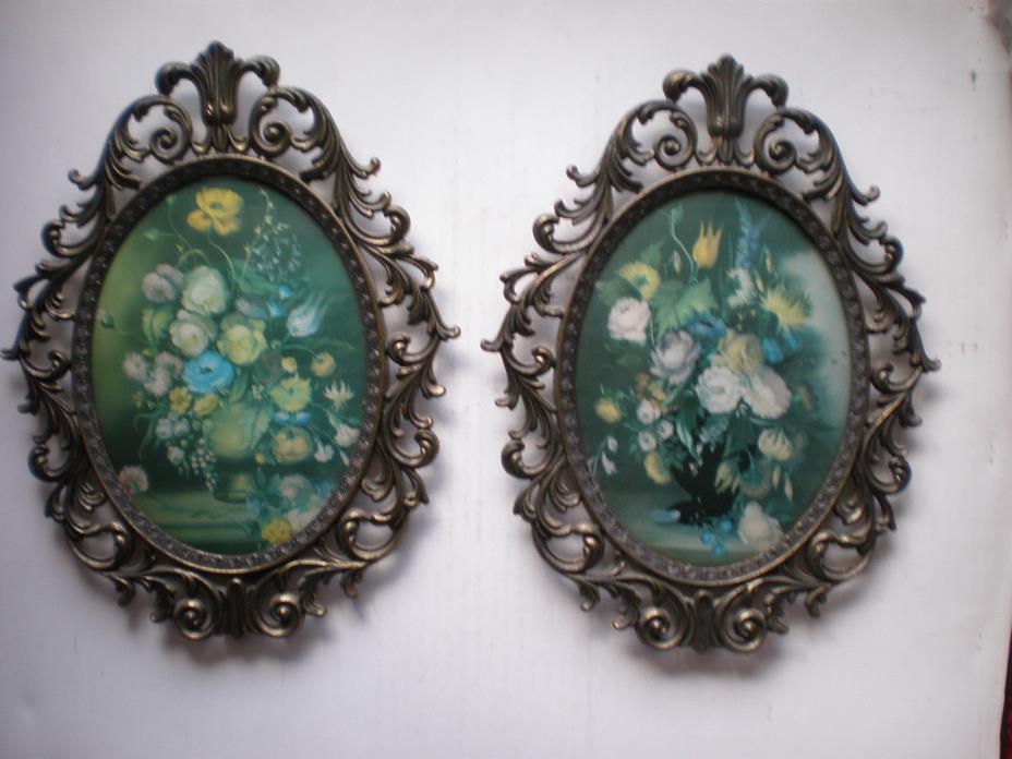 2 Two Vintage Ornate Oval  Picture Frames Convex Bubble Dome Glass 10 1/2