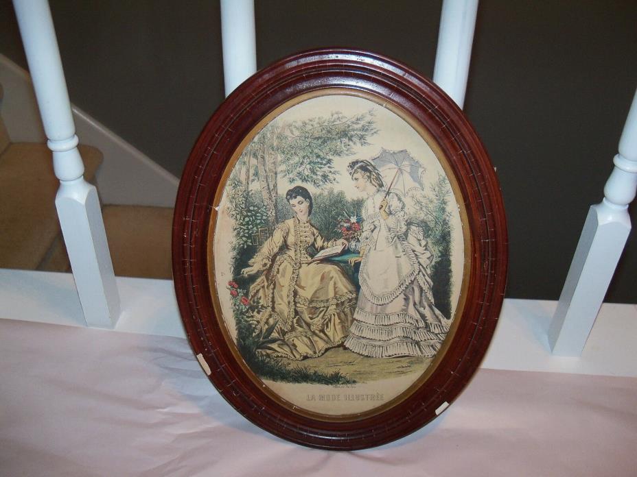Antique Oval Wood PICTURE FRAME w/Vintage La Mode Illustree PRINT Gilguin Paris
