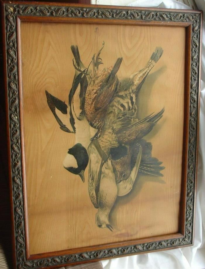 Antique Vtg Duck Bird Hunt Hunter Print Cabin Wall Picture Ornate Wood Frame