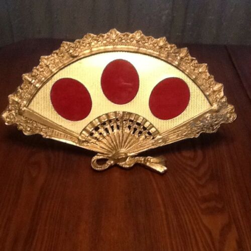 Antique Vintage Ornate Heavy Brass Fan Shaped Picture Frame Holds 3 Photos