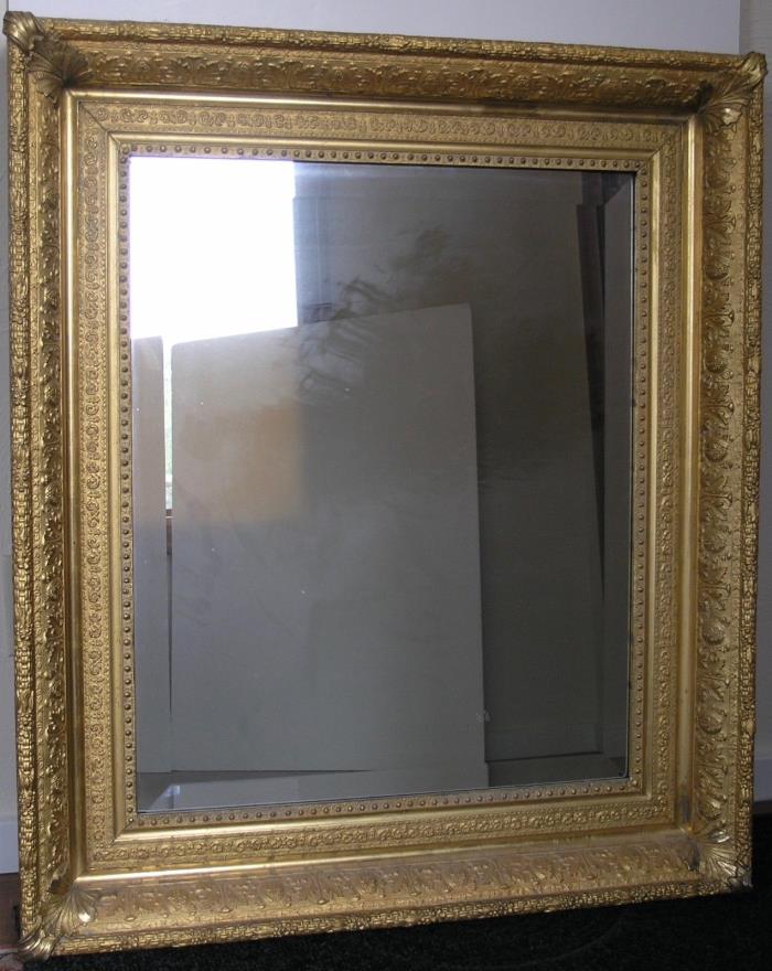 Antique Gilt Compo Frame with Thistle Motif and Beveled Mirror