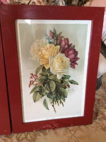 Pair Wood Vtg Frames Paul  De Longpre Prints cabbage Roses Shabby