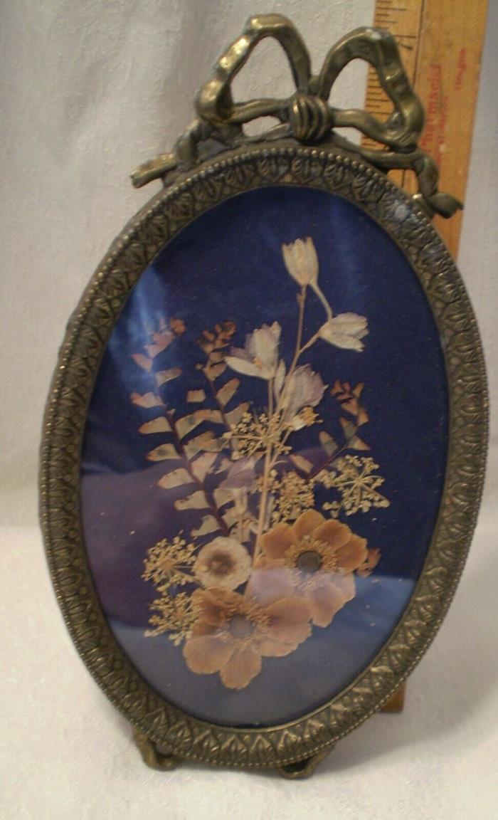 Vintage Dried Flower Picture Metal Frame Oval Easel Back