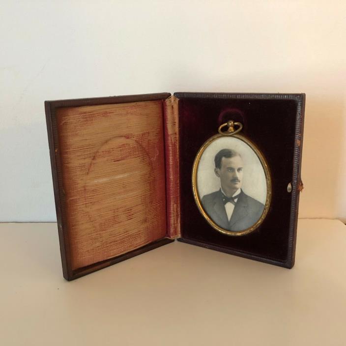 Antique Leather Folding Picture Frame of Young Man
