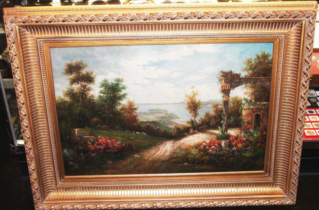 Vintage Oil Painting w/Gold Gilt Ornate Wood Picture Frame Large 48 x 36 Torrens