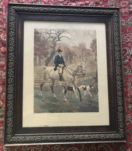 Antique English Engraving Print Steeple Chase Horse Dog Gold Gilt Carved Frame