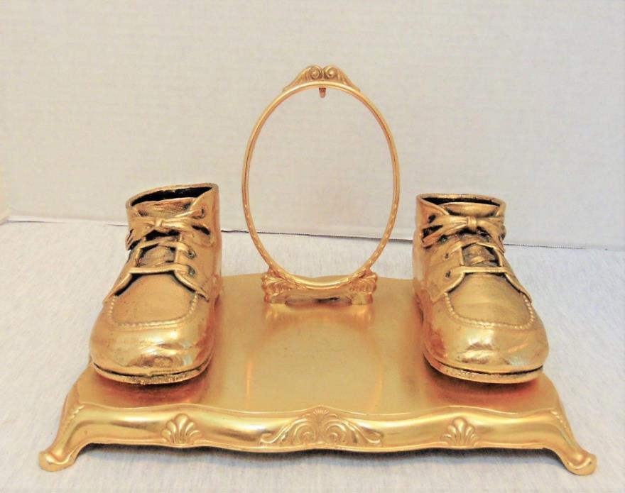 Vtg Yellow Metal Brass? Copper? Bronze? Oval Picture Frame Baby Shoes on Stand