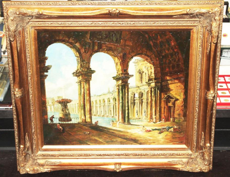 Vintage Oil Painting w/Gold Gilt Ornate Wood Picture Frame Large 33 x 29 Roman