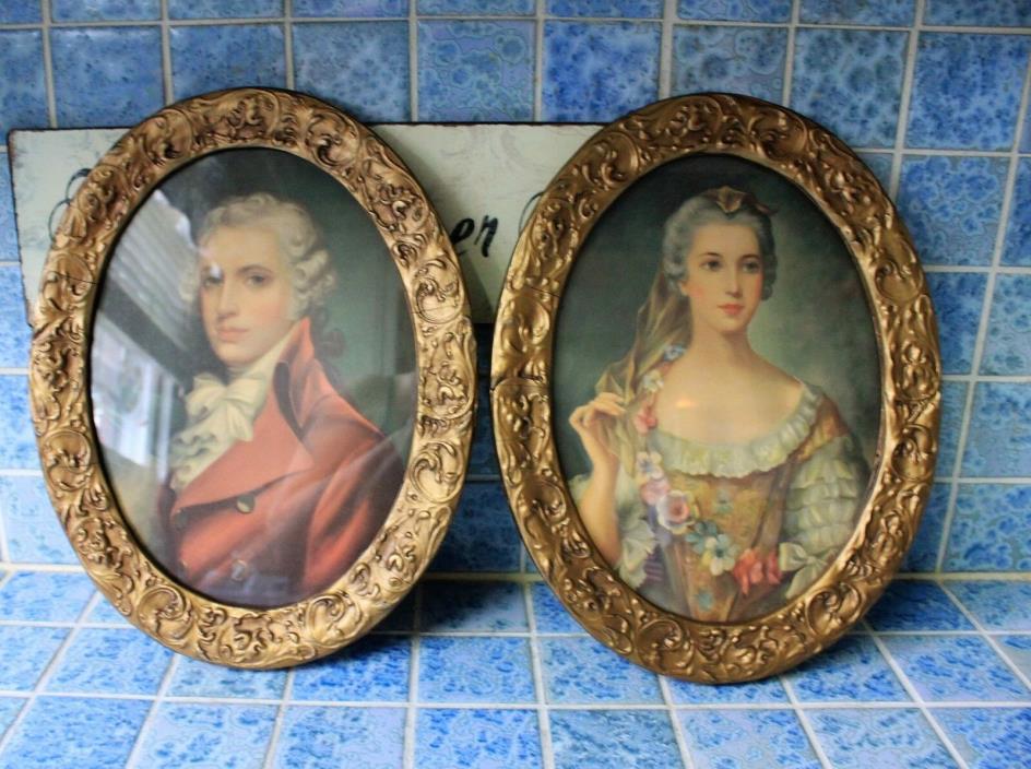 Antique Gesso Picture Frame with Print of Victorian Woman & Gentleman