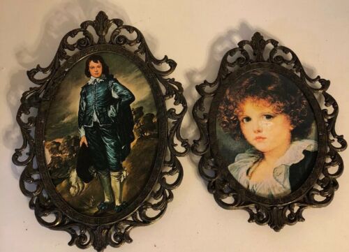 Vintage Lot 2 Action Cheswick PA Brass Framed Picture Italy Cameos 7” & 8”