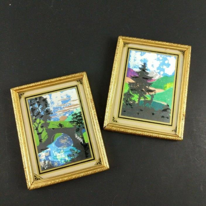 Vintage Foil Pictures in Frames Miniature Nature Scenes Bridge River 40's Gold