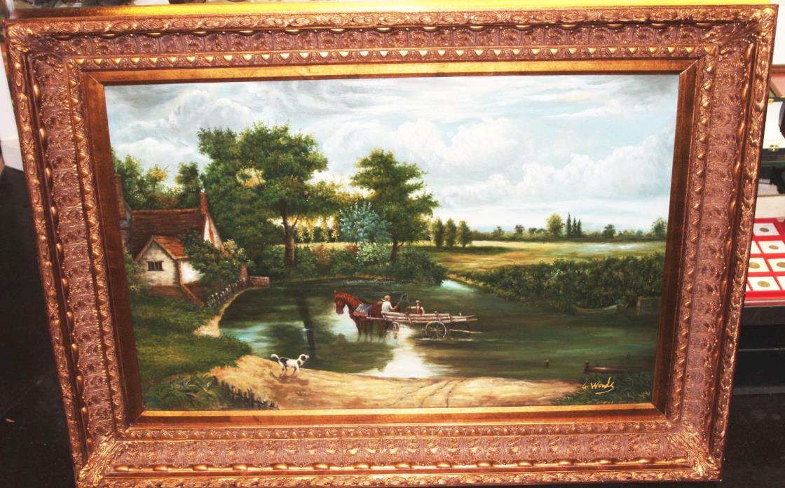Vintage Oil Painting w/Gold Gilt Ornate Wood Picture Frame Large 45 x 34 G Woods